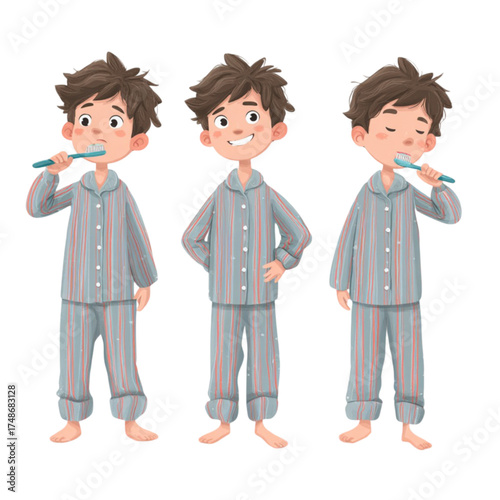 Character set of a young boy in grey pajamas brushing his teeth.
