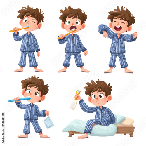 Cute cartoon boy character in pajamas performing bedtime routine activities.
