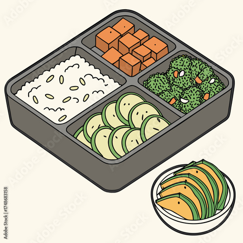 Bento box with rice broccoli zucchini and tofu cubes