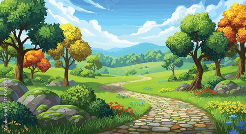 Colorful landscape with cobblestone path, autumn trees, wildflowers, blue sky, distant hills, tranquil nature scene, seasonal outdoor illustration