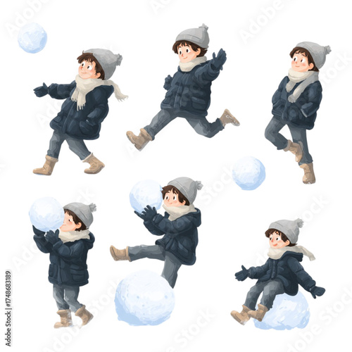 Collection of a young boy in various poses during a winter snowball fight.