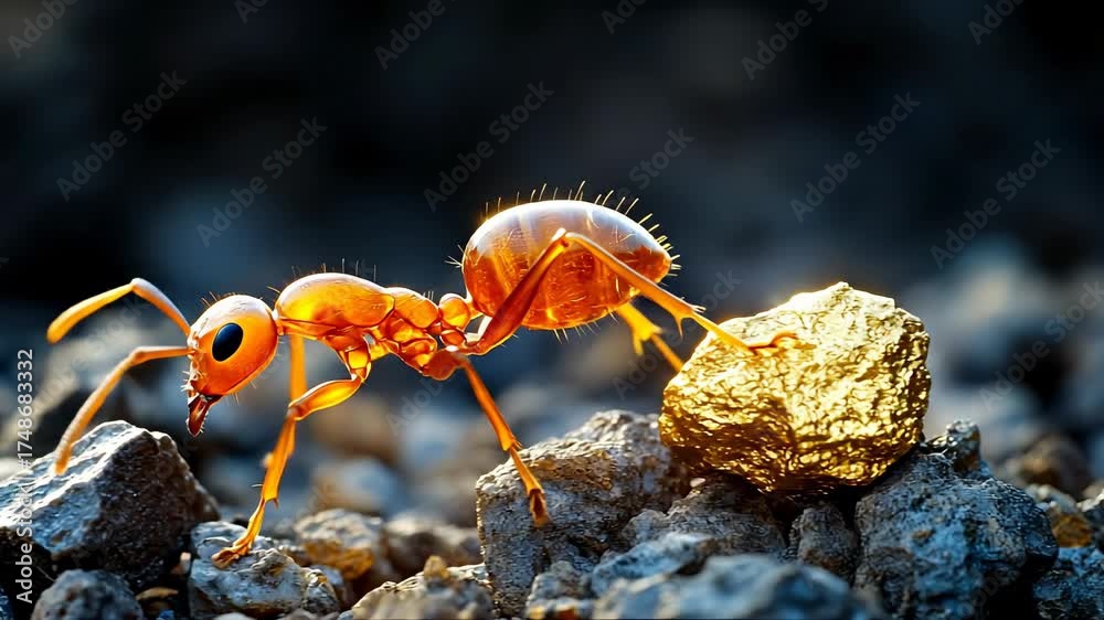 Ant with shiny object in sun. A close view of an ant moving a metallic-like rock along a rough surface under bright sunlight in a natural setting.