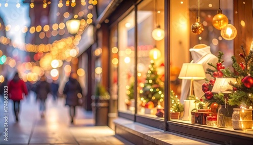 Decorated storefront with Christmas lights and tree