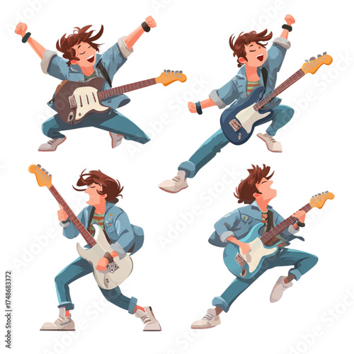 Young rock star character with guitar in various action poses illustration set.