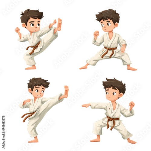 Set of a young cartoon boy practicing various karate poses.