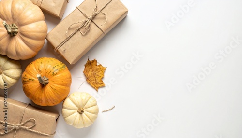 White pumpkins and wrapped gifts on a white background