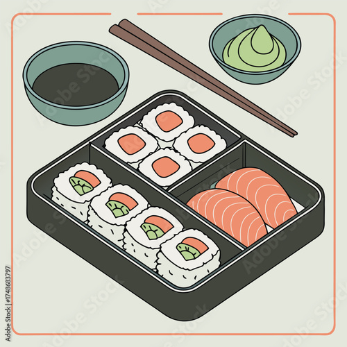 Bento Box with Sushi and Sashimi maki rolls salmon