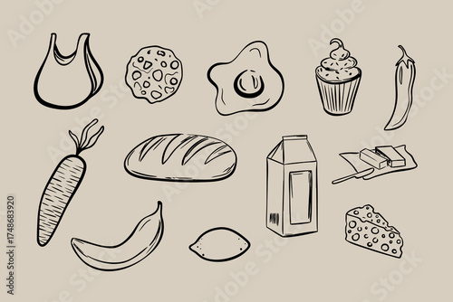Set of hand drawn food illustrations with different elements, milk, bread, fruit, cheese. Vector food illustrations for design, cards and posters.