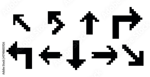 A set of pixel arrow icons. A collection of black arrows pointing in different directions in pixel art style. Isolated vector illustration on a white background.