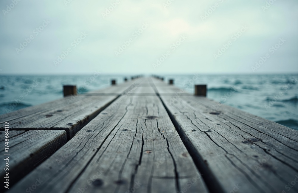 Fototapeta premium A weathered wooden pier extends into the ocean under a cloudy sky