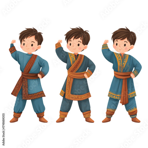 Set of three cute cartoon boys in traditional Asian attire.