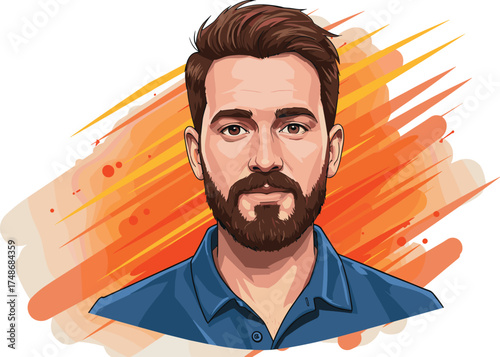 Digital portrait of bearded man in blue shirt, abstract orange brushstroke background, clean illustration style, expressive male character art