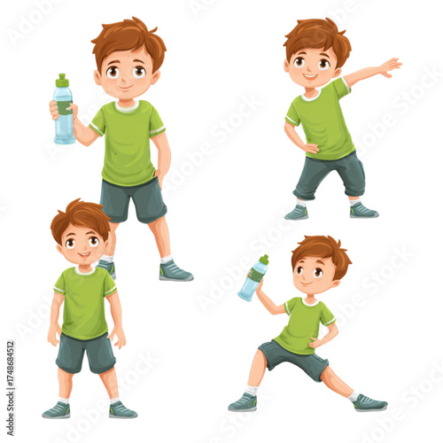 Young boy character in green shirt performing various fitness exercises.