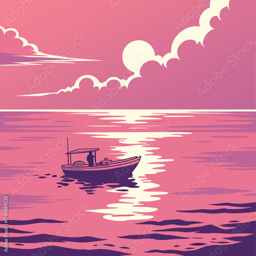 Boat with Canopy on Calm Water at Sunset fishing boat