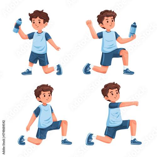 Illustrated set of a young boy in sportswear doing a workout routine.