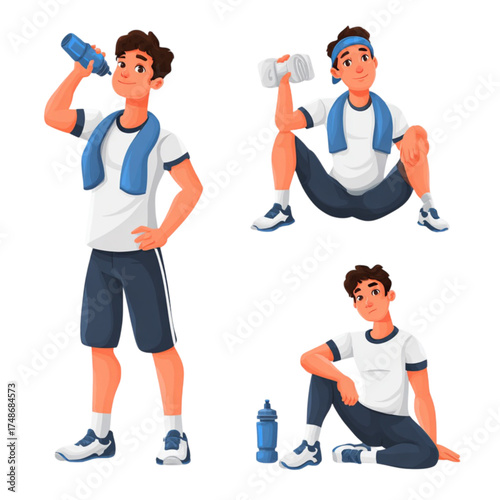 Set of a young athletic man resting and hydrating after a workout.