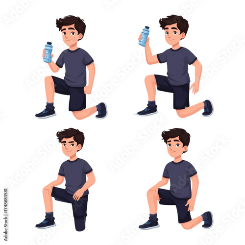 Set of illustrations of a young athletic man in various kneeling poses.