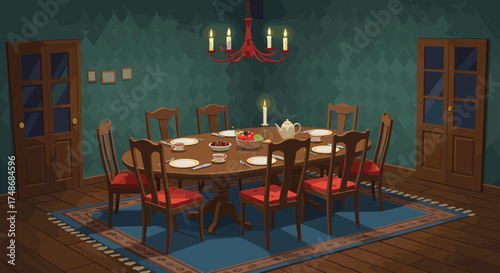 Dining room with oval wooden table, red cushioned chairs, fruit bowl, chandelier lighting, cozy interior setup, home meal arrangement
