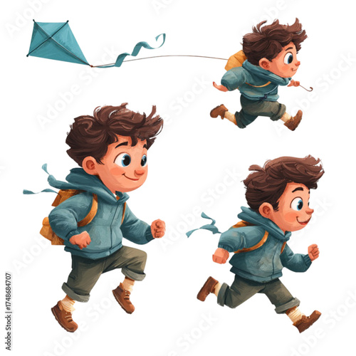 Set of cartoon illustrations of a happy young boy running.