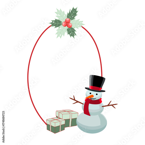 Holiday frame with snowman, gifts, and decorations vector illustration