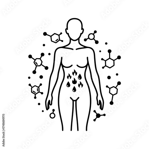 Weight loss diets vector art of human body with fat burning and molecule, representing ketosis