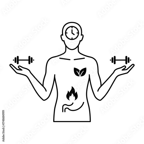 Weight loss diets vector art of metabolism and fitness concept, showing body with icons