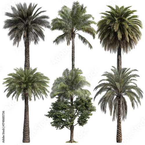 A collection of six different trees including various palm species isolated on a white background.