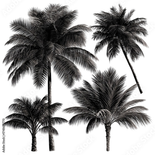 Collection of four detailed black and white palm tree illustrations.