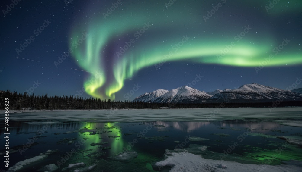 Naklejka premium Northern lights (aurora borealis) dancing over mountains and lake at night. Nature phenomenon, magic sky, arctic travel, adventure, wilderness, and scenic night landscape.