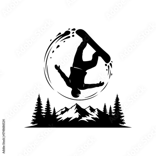 Winter snow activities vector art of silhouette of a snowboarder doing a trick over mountains