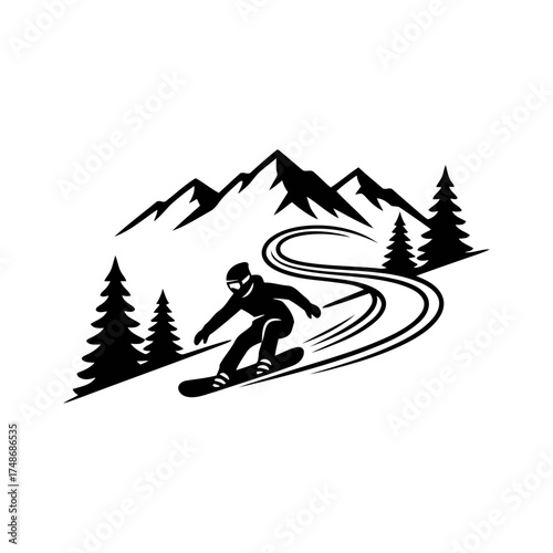 Winter snow activities vector art of snowboarder riding down the mountain slope