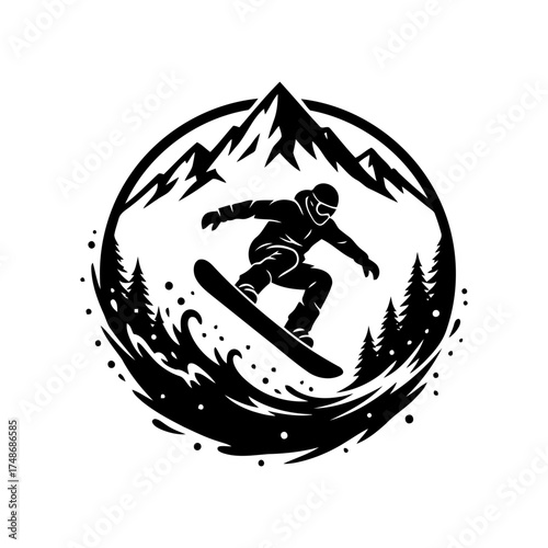 Winter snow activities vector art of snowboarder in action, jumping high with mountains and trees