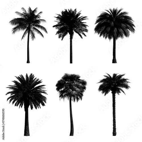 A collection of six distinct black palm tree silhouettes isolated on white.