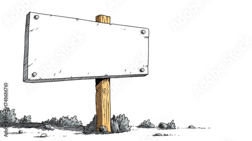 Hand drawn illustration of a blank rectangular sign on a wooden post.