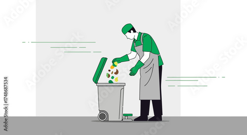 Waste Management: A Person Disposing Of Garbage Into An Industrial Trash Can