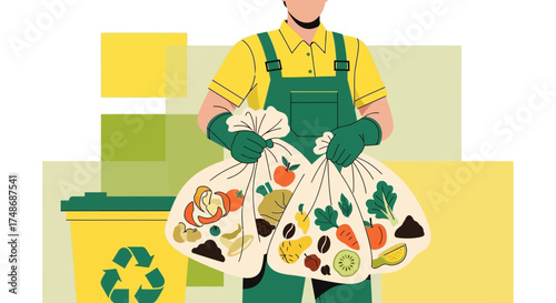 Waste Disposal Worker Carrying Bags Of Bio-Degradable Materials For Composting Recycle Process