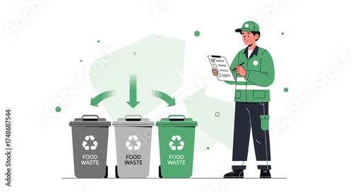 Waste Management Professional Inspecting Food Waste Recycling Bins For Proper Sorting