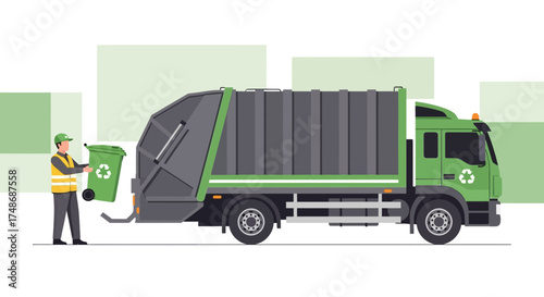 Waste Management Vector Showing Recycling, Collection, and Disposal with Clean Transportation