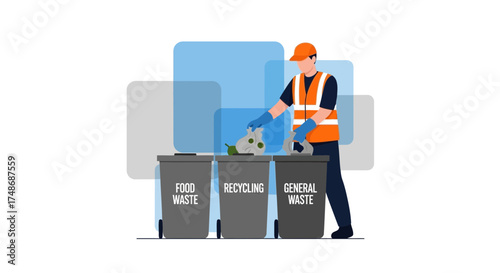 Waste Management Worker Sorting Refuse into Recycling, Food, and General Waste Bins