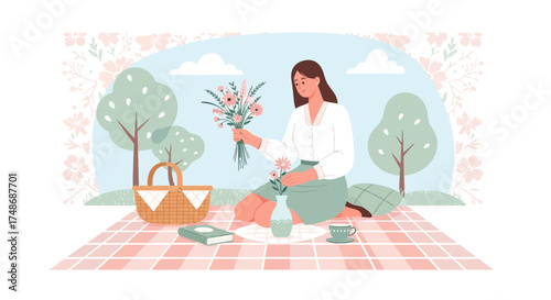 Woman Arranging Flowers Outdoors and Relishing a Pleasant Afternoon in the Park