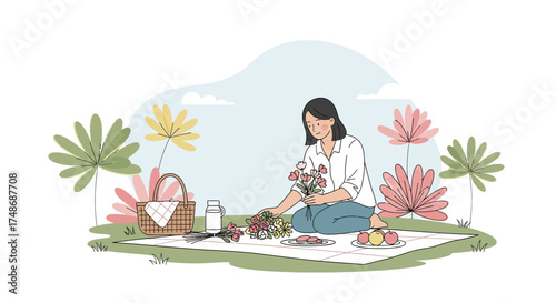 Woman Arranging Flowers While Enjoying A Leisurely Picnic In A Serene Park Setting