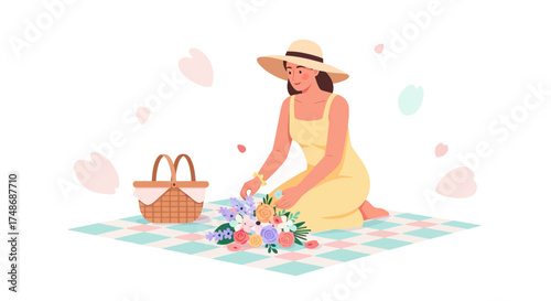 Woman arranging flowers with a picnic basket, a summer afternoon scene illustration