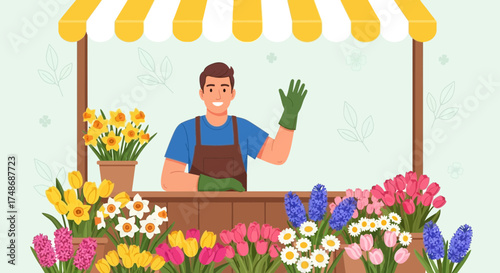 Welcoming Florist Stands Amidst Vibrant Blossoms Offering Cheerful Greetings to Customers