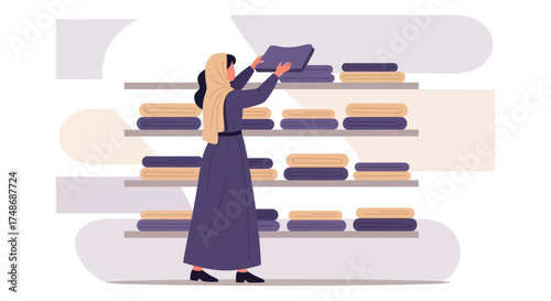 Woman Arranging Folded Linens on a Store Shelf, Illustration Depicting Daily Tasks