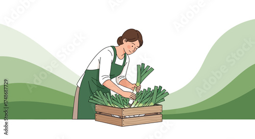 Woman arranging fresh leeks in a wooden crate, illustrating healthy eating and farming