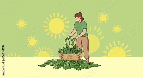 Woman Arranging Fresh Okra Vegetables in a Woven Basket with a Sunny Day Backdrop