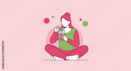 Wellness Concept: Female Drinking Smoothie In A Yoga Pose With Abstract Backgrounds