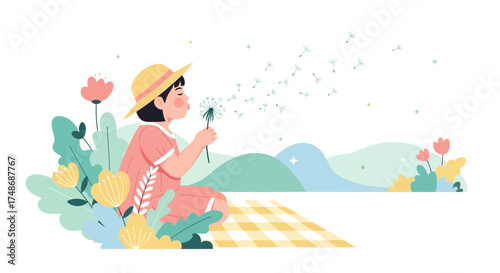 Whimsical Illustration Of A Young Girl Blowing Dandelion Seeds Into The Gentle Breeze In Nature