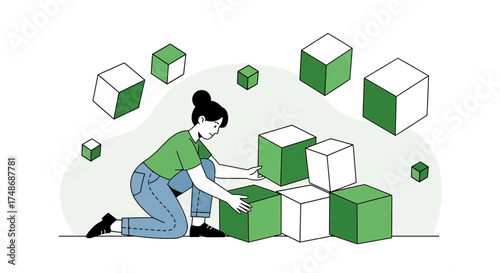 Woman Arranging Green And White Cubes Creating Order, Building a Structure or Concept