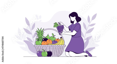 Woman Arranging Fruits In A Basket, Healthy Eating, Fresh Produce, And Vitamin Rich